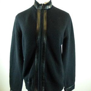 Prague black cashmere wool zip moto cardigan leather trim jacket UNIQUE L